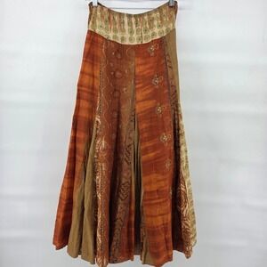 Karen Kane Patchwork Maxi Skirt Small Orange Brown Cotton Boho Festival Western